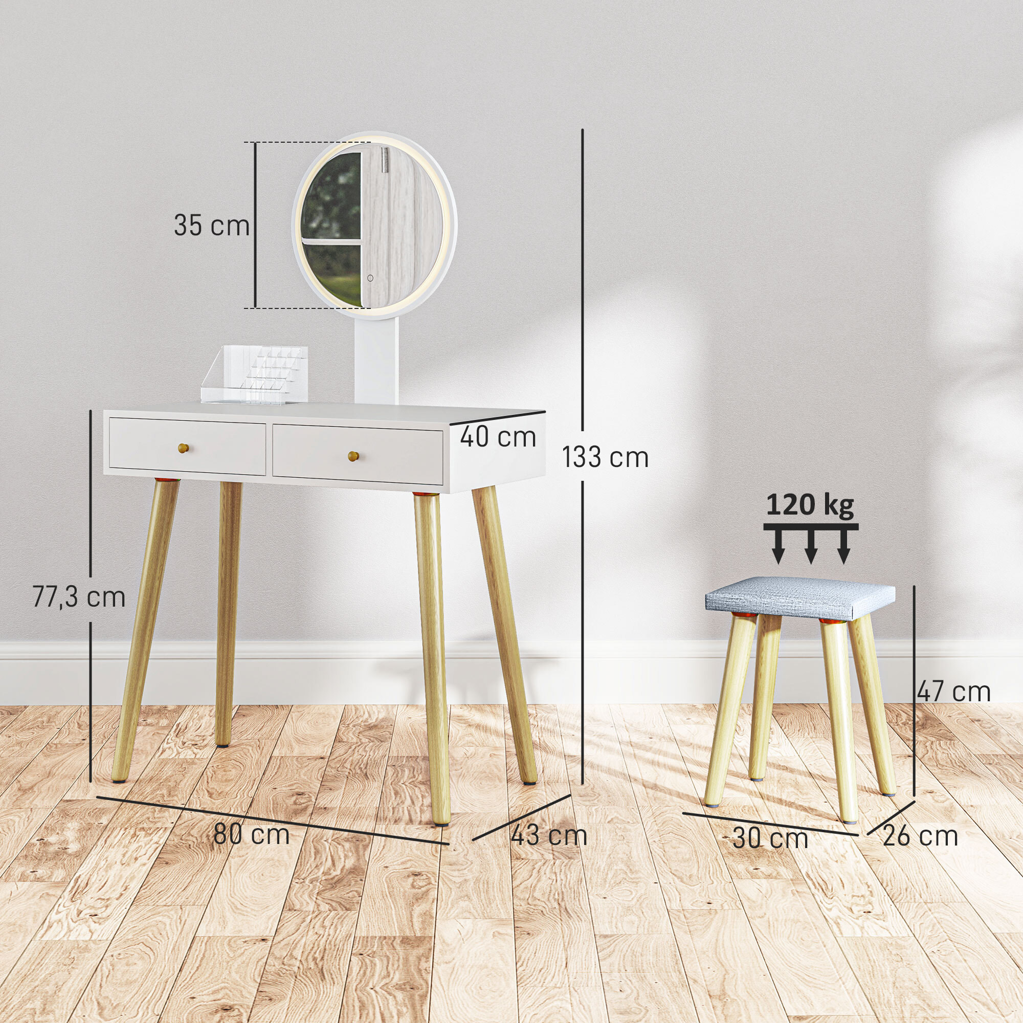 Tocador de Maquillaje con Luz LED y Taburete Mesa de Maquillaje con Espejo Brillo Ajustable 3 Colores 2 Cajones y Organizador Tocador Moderno para Dormitorio 80x43x133 cm Blanco