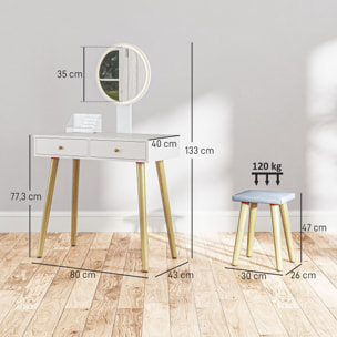 Tocador de Maquillaje con Luz LED y Taburete Mesa de Maquillaje con Espejo Brillo Ajustable 3 Colores 2 Cajones y Organizador Tocador Moderno para Dormitorio 80x43x133 cm Blanco