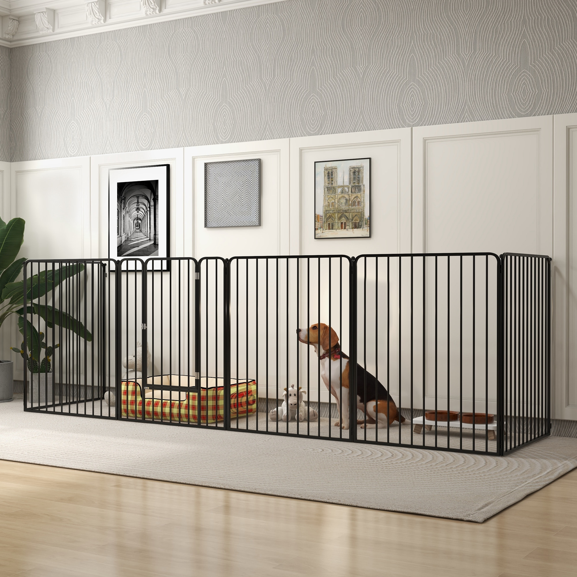 Parc enclos modulable pour chien 6 panneaux avec porte acier époxy noir