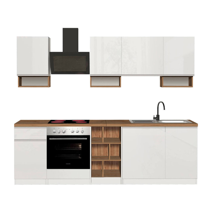 Cucina completa Attimis, Set con dispensa, Mobile per cucinotto, Kit blocco lineare, 100% Made in Italy, 255x60h85 cm, Bianco lucido e Rovere
