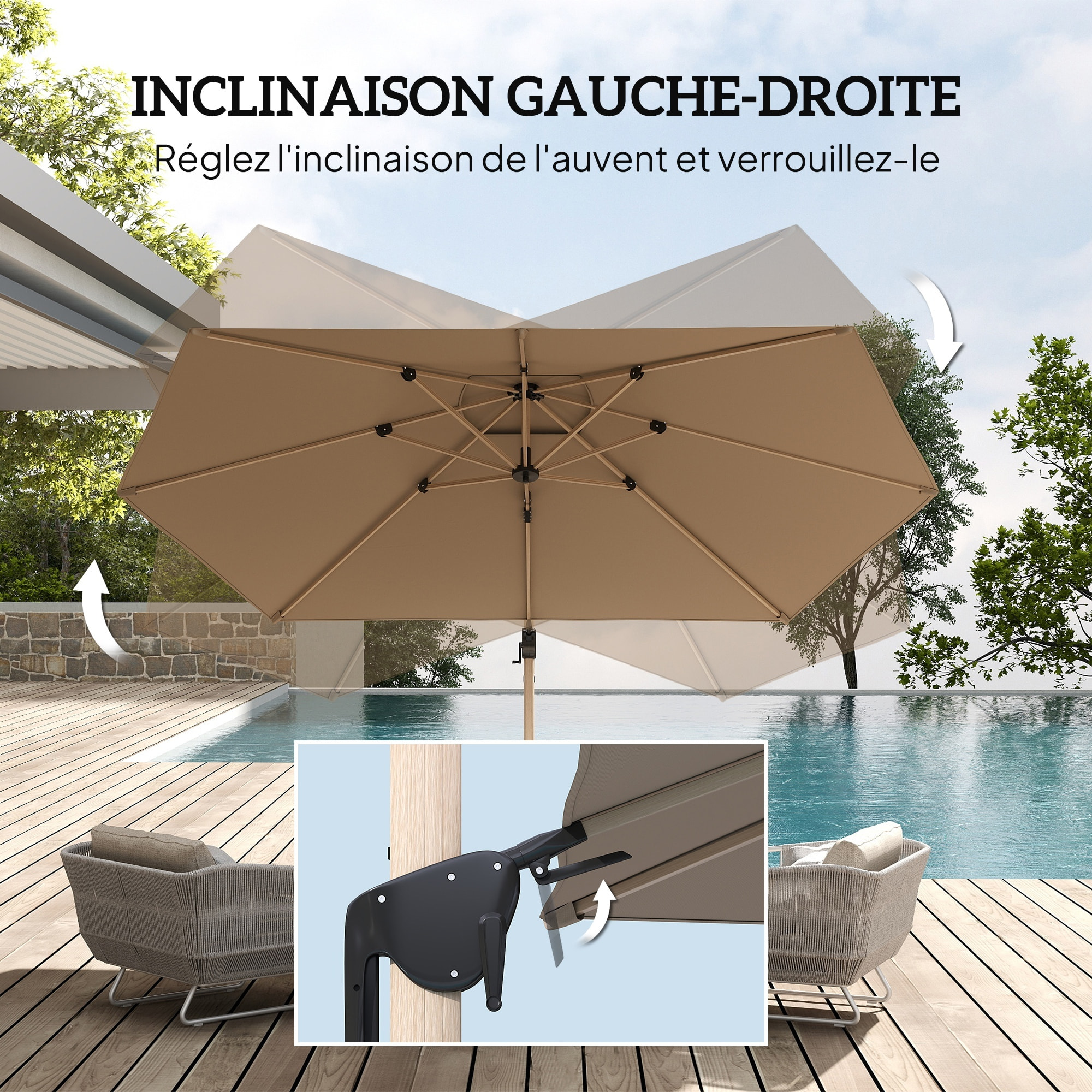 Parasol déporté hexagonal inclinable pivotant dim. 4,2L x 3l x 2,7H m alu effet bois polyester anti-UV UPF50+ kaki