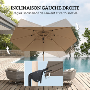 Parasol déporté hexagonal inclinable pivotant dim. 4,2L x 3l x 2,7H m alu effet bois polyester anti-UV UPF50+ kaki