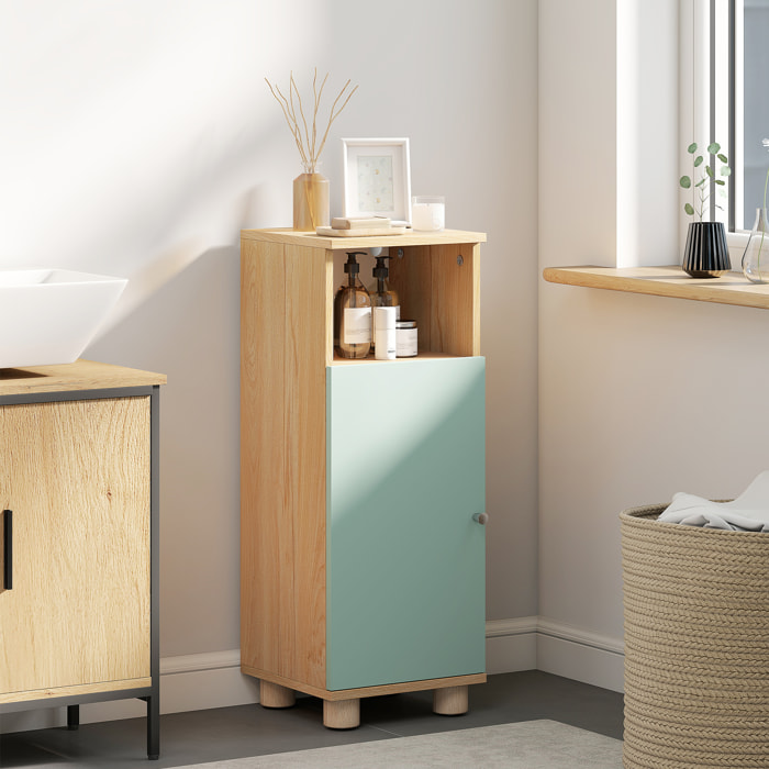 Meuble salle de bain design nordique porte étagère niche effet bois clair vert d'eau