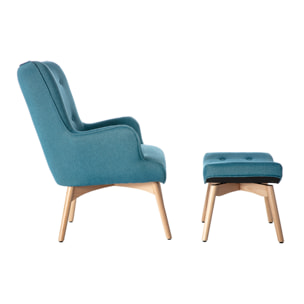 Fauteuil avec repose-pieds scandinave en tissu bleu canard et bois clair BRISTOL