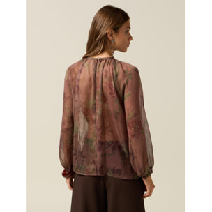 Oltre - Blusa fantasia con volant - Marrone