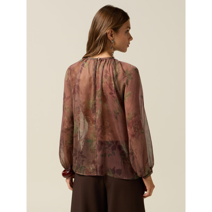 Oltre - Blusa fantasia con volant - Marrone
