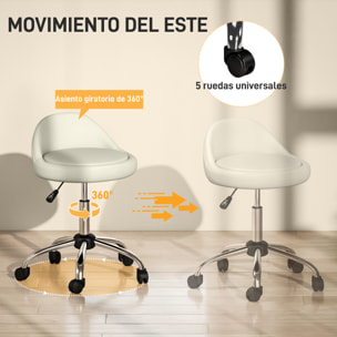 Taburete con Ruedas, Taburete Giratorio Cosmético con Altura Ajustable, Cuero Sintético, Asiento Acolchado y Amplio, para Dentista y Peluquería, Carga 120 kg, Ø50x63-83 cm, Blanco