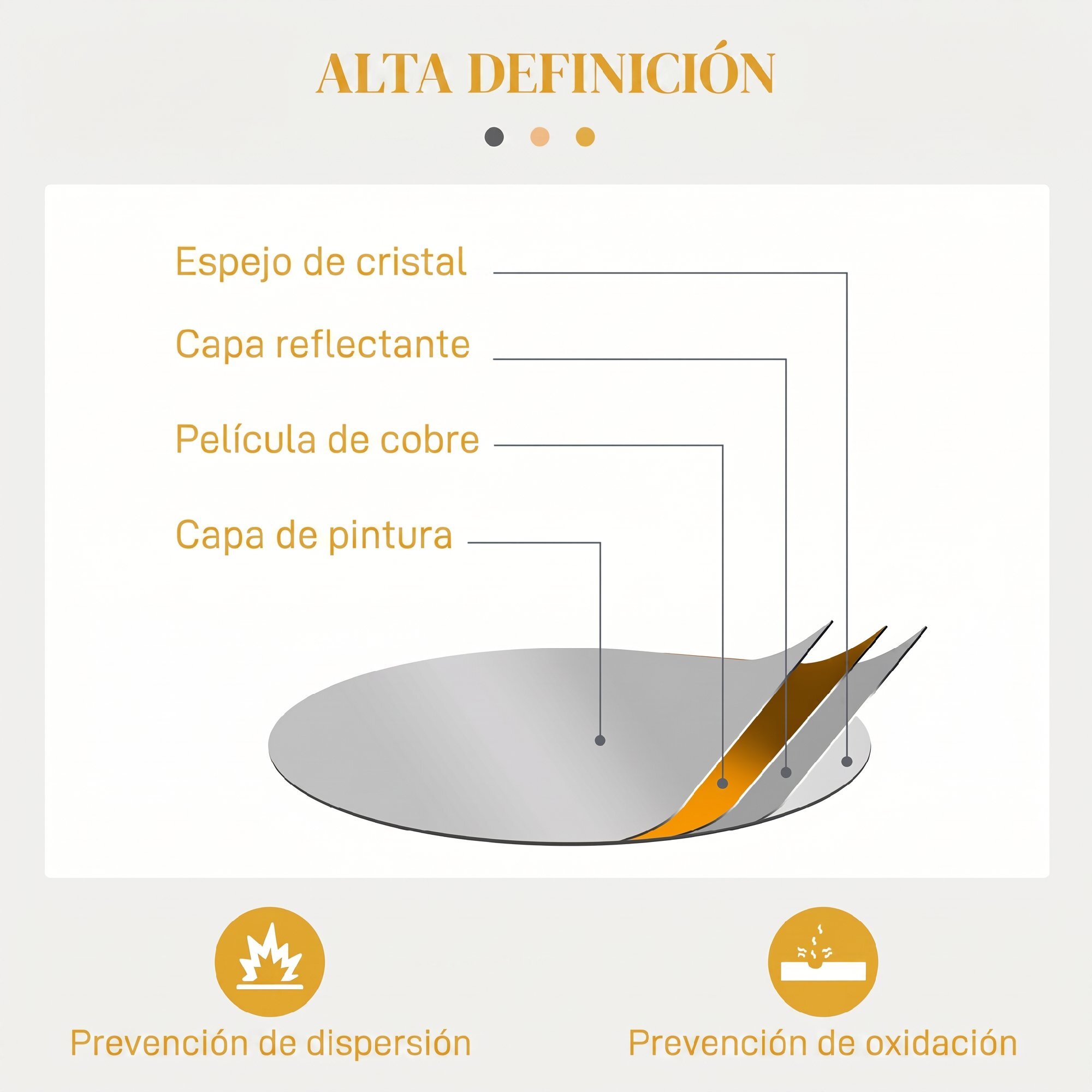 Espejo Decorativo de Pared, Adorno de Pared Metálico, Ø65 cm, con Ganchos, para Salón, Dormitorio, Pasillo, Dorado