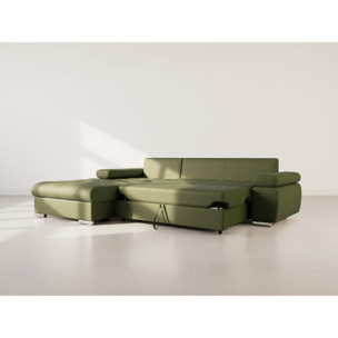 Bianca - Canapé d'angle gauche 4 places convertible avec coffre en tissu texturé - Vert