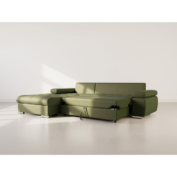 Bianca - Canapé d'angle gauche 4 places convertible avec coffre en tissu texturé - Vert