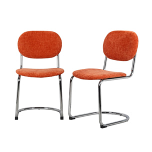 Lot de 2 chaises cantilever arrondie métal. tissu chenille orange et pieds chromés - L 47 x P 54.5 x H 81cm - Maloa