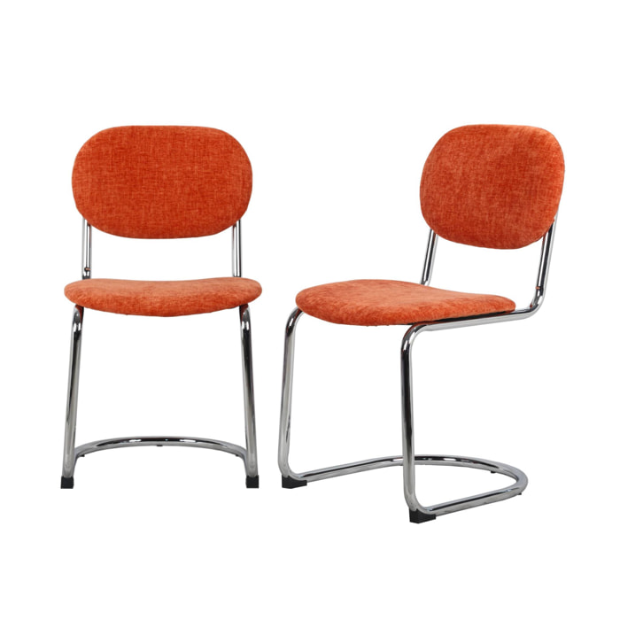 Lot de 2 chaises cantilever arrondie métal. tissu chenille orange et pieds chromés - L 47 x P 54.5 x H 81cm - Maloa
