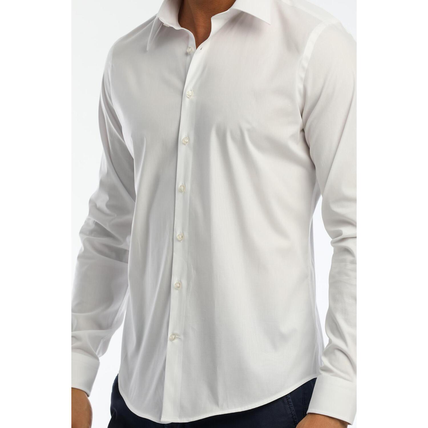 Camicia Uomo 1 Bottone Italiano Slim Popeline Stretch Unito Bianco