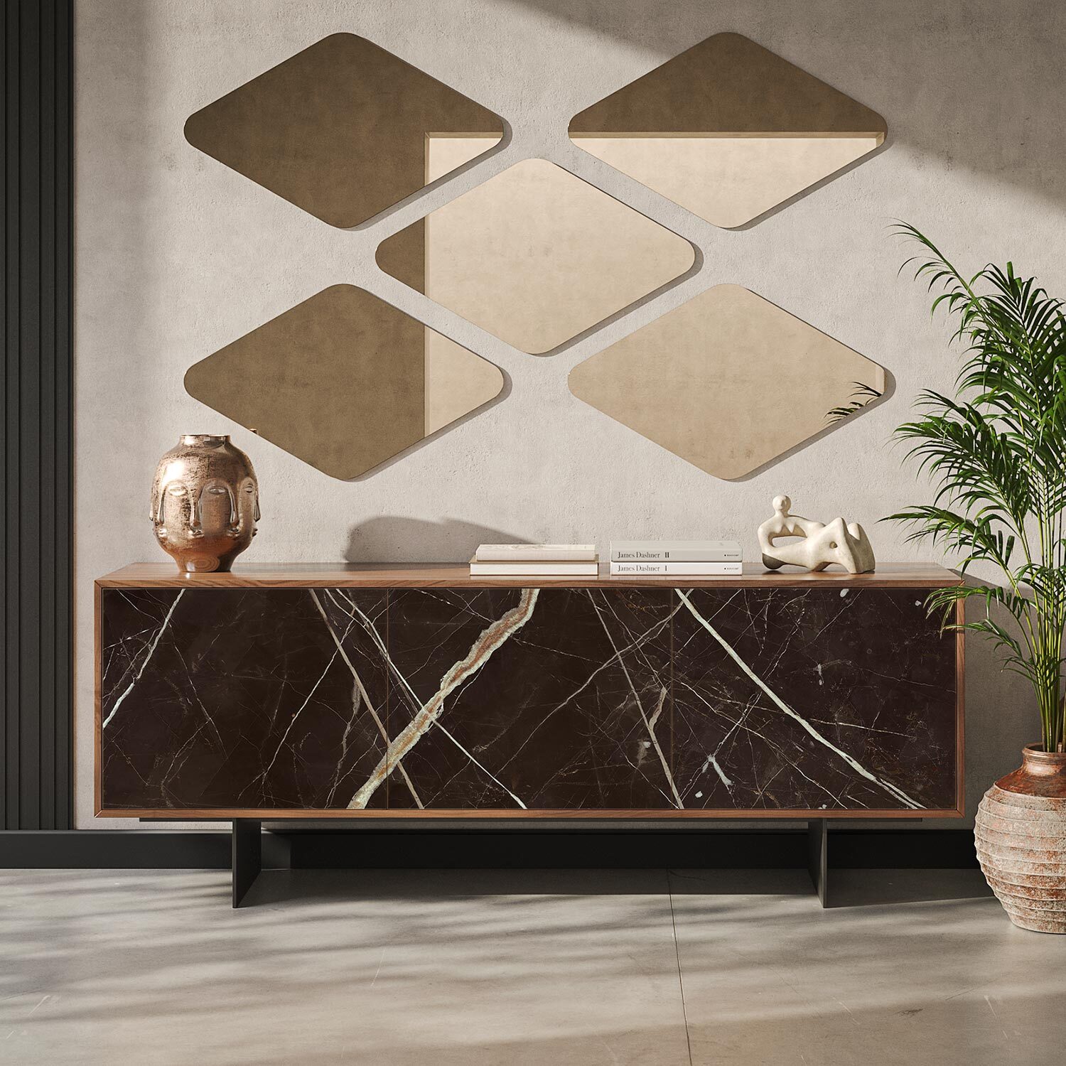 MADIA AUREA 3 ANTE - STRUTTURA NOCE CANALETTO, GRIGIO CARBONE, ANTA VETRO STAMPATO CALCATTA BLACK