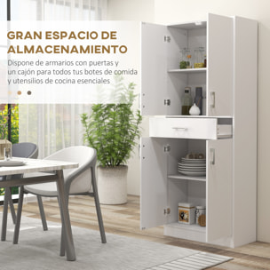 Alacena de Cocina Mueble de Cocina con 4 Puertas 1 Cajón y Estantes Ajustables Antivuelco Armario de Cocina Moderno para Comedor Salón 70,8x34x180 cm Blanco y Plata