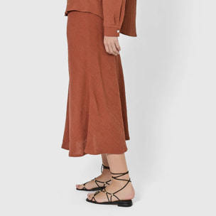Falda midi evasé algodón lino rosette