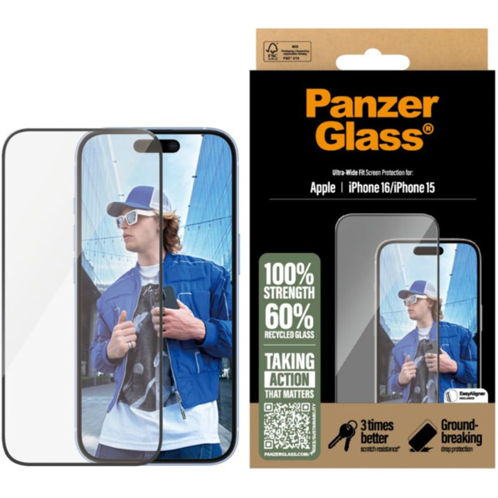 Protège écran PANZERGLASS iPhone 16 verre trempé Ultra-Wide Fit