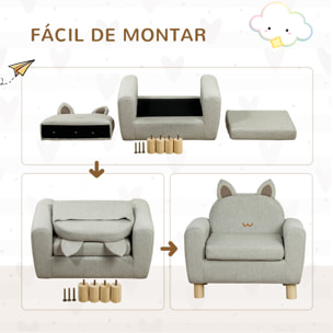 Sillón Infantil Mini Sofá para Niños de +3 Años con Asiento Acolchado Reposabrazos Bolsillo de Almacenamiento y Estructura de Madera Carga 45 kg 61x42x53 cm Gris