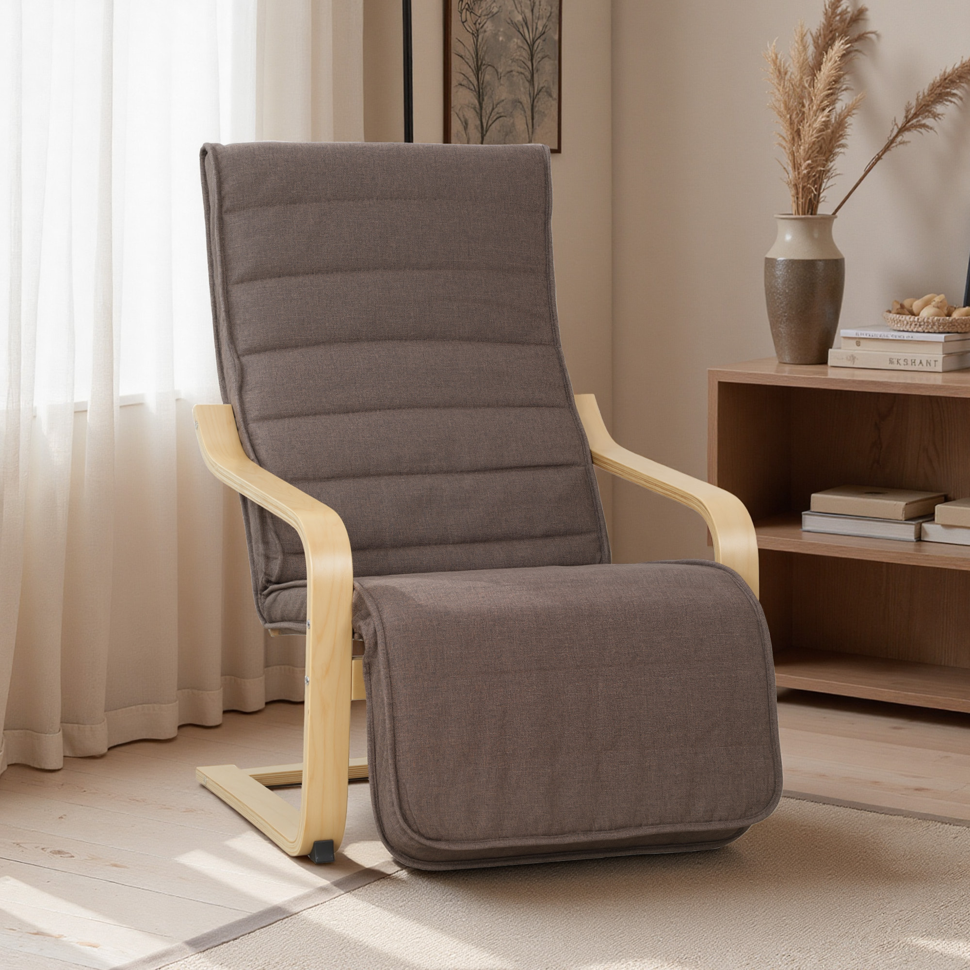 Sillón de Salón con Reposapiés Ajustable, Butaca de Salón Tapizada en Lino Sintético con Marco de Madera, Sillón de Relax para Dormitorio, Oficina, Estudio, 66,5x94x100 cm, Marrón