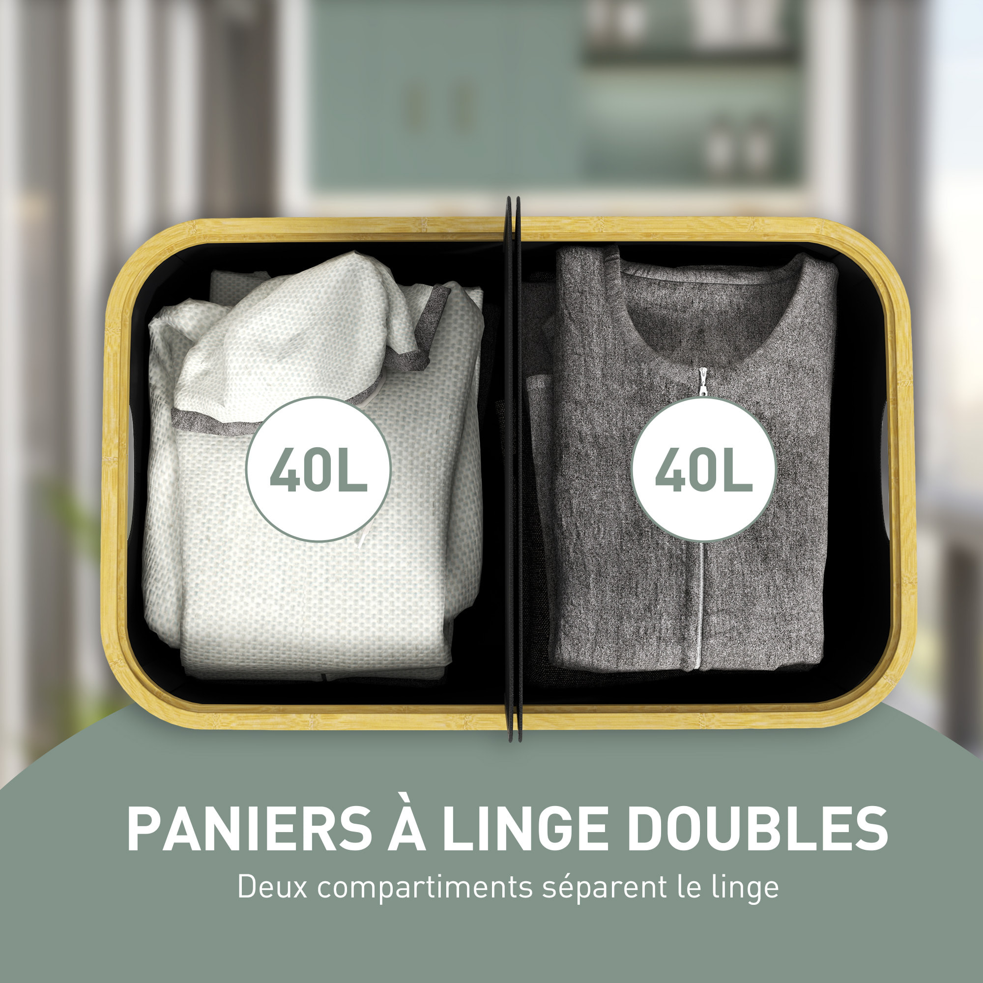 Panier à linge double pliable 80L - corbeille à linge sale avec couvercle et poignées - non tissé noir bambou
