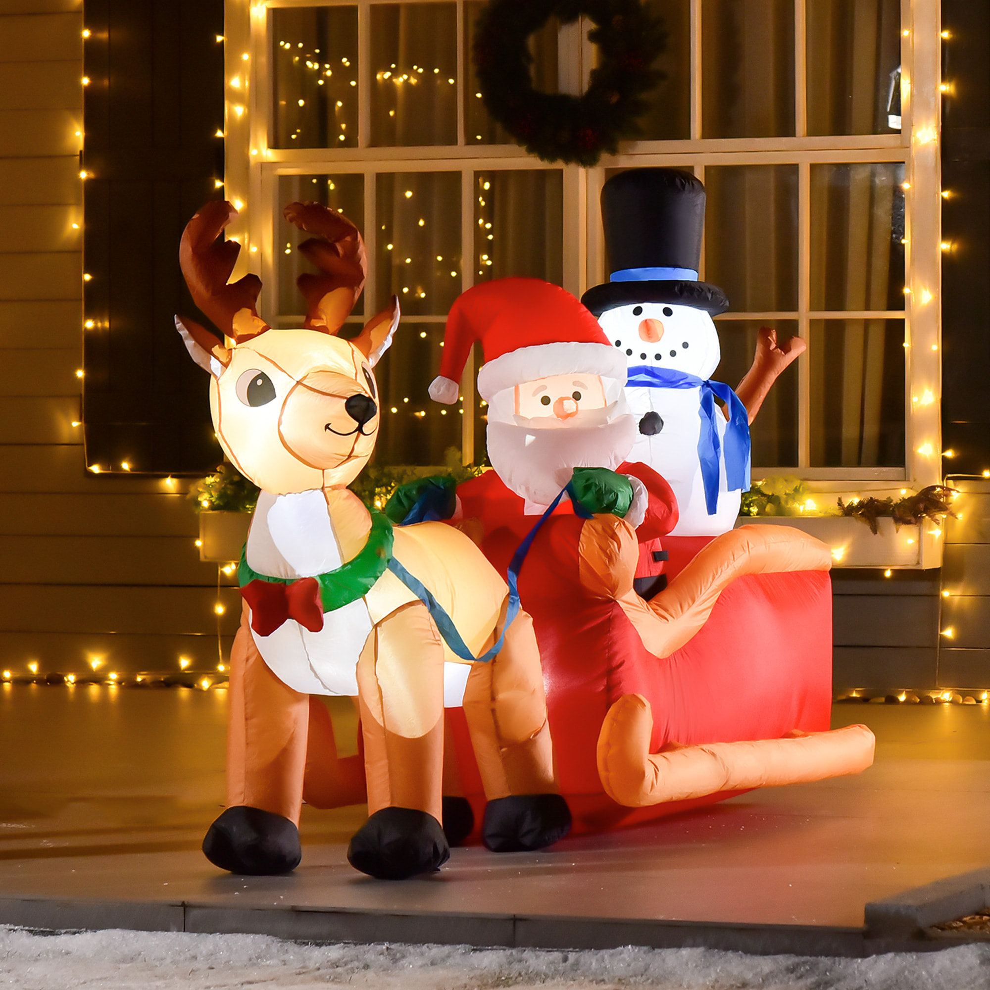 Traîneau Père Noël gonflable LED avec renne bonhomme de neige - matériel fixation et souffleur inclus