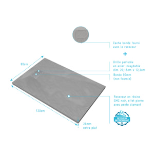 Receveur de douche Gris Effet Pierre 80x120 cm et Grille décor Perforée en Inox