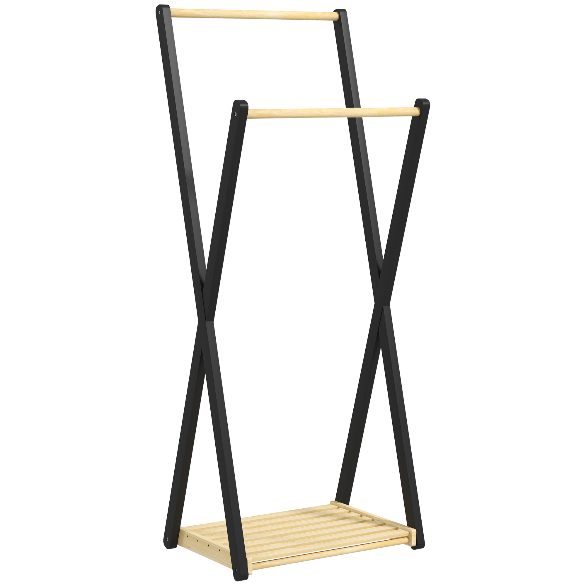 Portant à vêtements design contemporain - 2 barres, étagère - bois de pin naturel noir