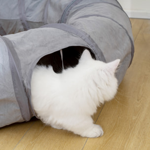 Tunnel pour chat intérieur - fonction lit pliable avec coussin et jeu balle suspendue - gris