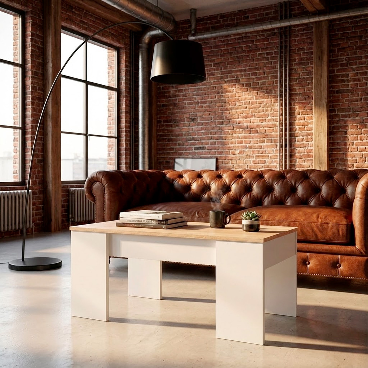 Tavolino da Salotto Alzabile Con Vano Contenitore Tavolo Multifunzione Salvaspazio Soggiorno Piano Sollevabile 100 x 50 x 54–56 cm Bianco E Rovere