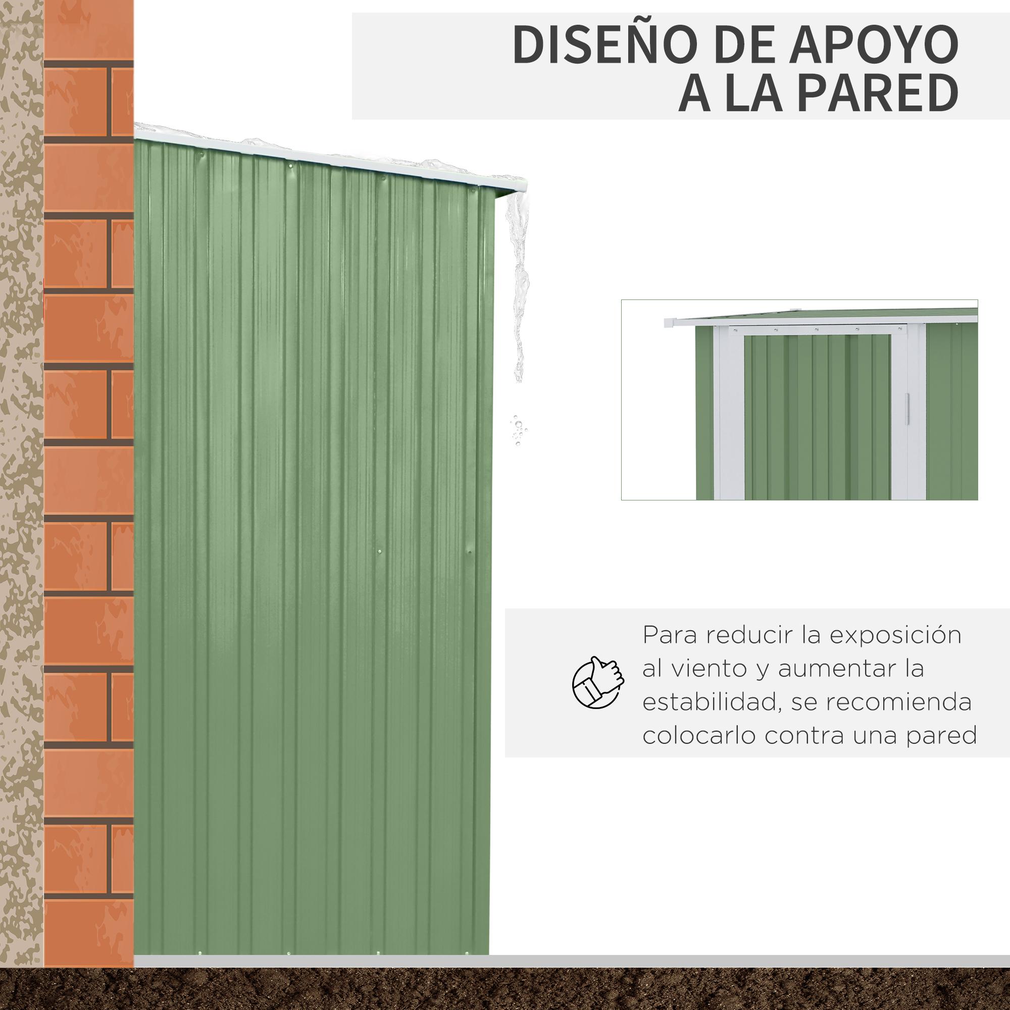 Cobertizo de Acero 1,07㎡ 142x84x189 cm Tipo Caseta de Jardín Galvanizado Almacén para Herramientas con Techo Inclinado y Una Puerta para Terraza Exterior Verde Claro