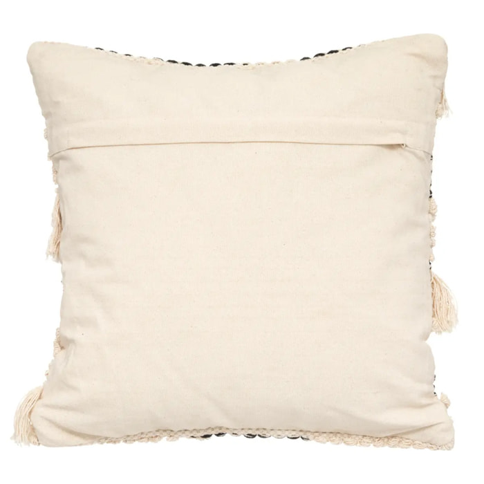 Coussin - motifs relief et franges - noir & blanc - coton 45x45 cm