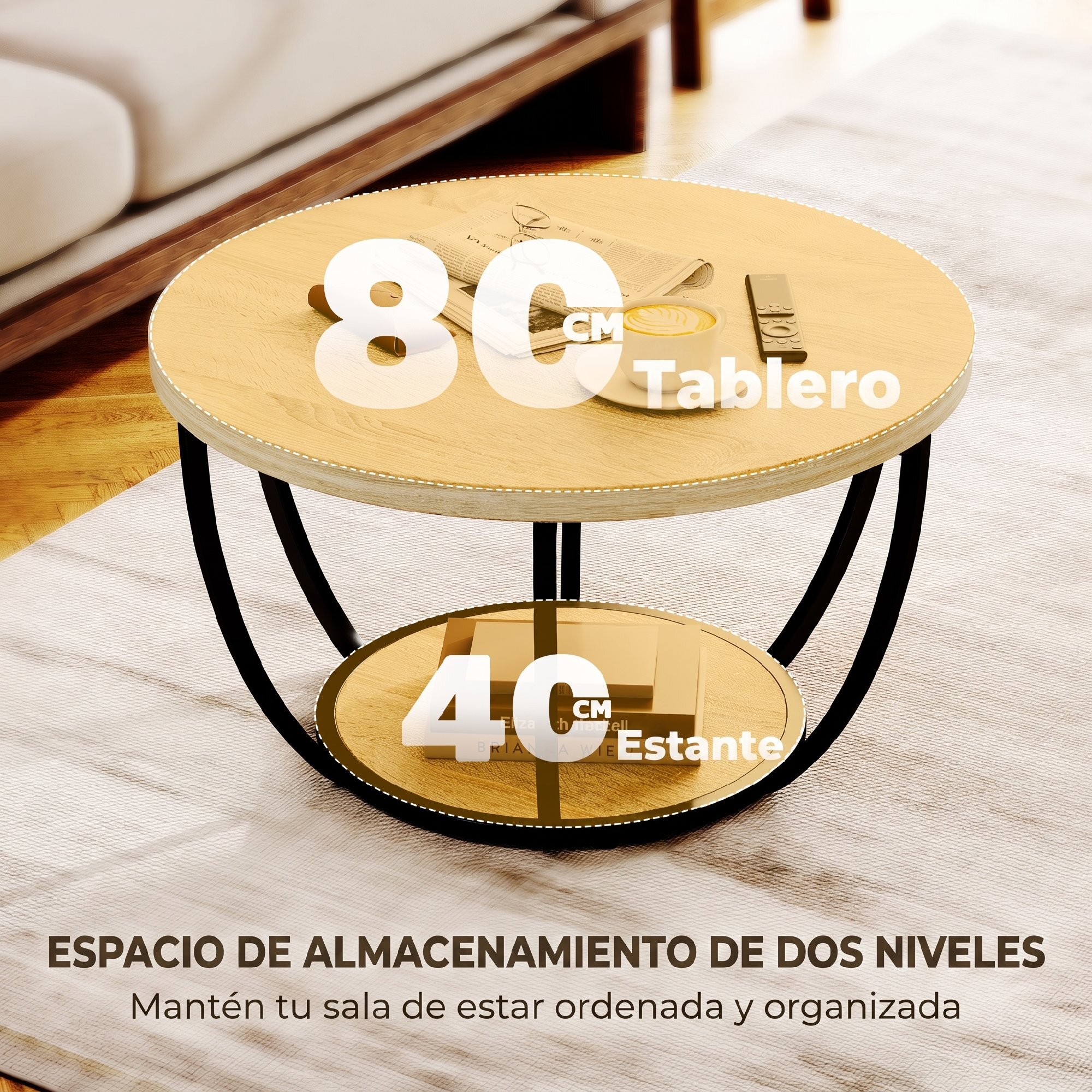 Mesa de Centro, Mesa de Café Redonda para Salón con Estante de Almacenaje y Marco de Metal, 80x80x43,8 cm, Roble