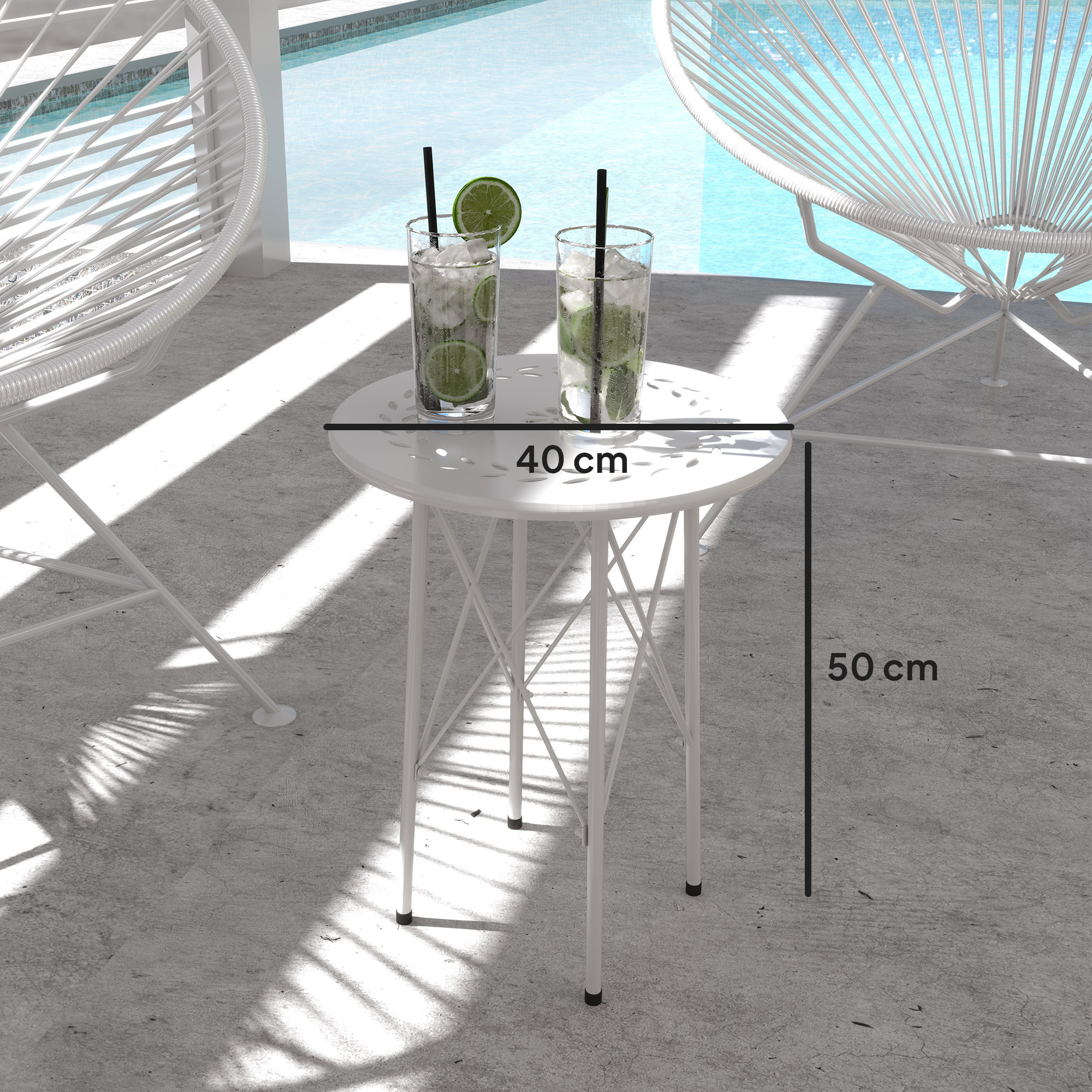Mesa de Jardín Redonda Mesa de Terraza Exterior Ø40x50 cm con Patas Ajustables y Estructura en Forma de X Mesa para Exterior e Interior Blanco