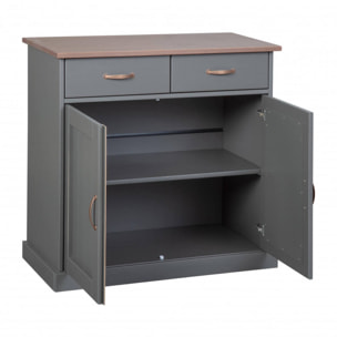 Buffet a 2 ante e 2 cassetti, in pino massello verniciato grigio con top e finiture color marrone, 90x45x86 cm