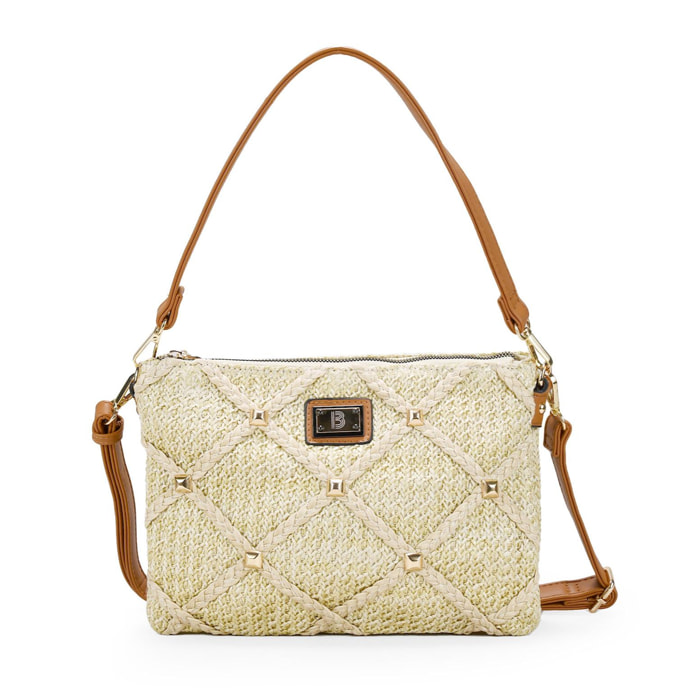 Bolso de rafia beige con tachas y doble asa