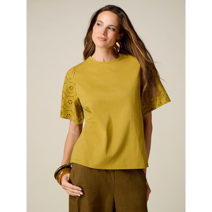 Oltre - T-shirt con maniche in sangallo - Giallo