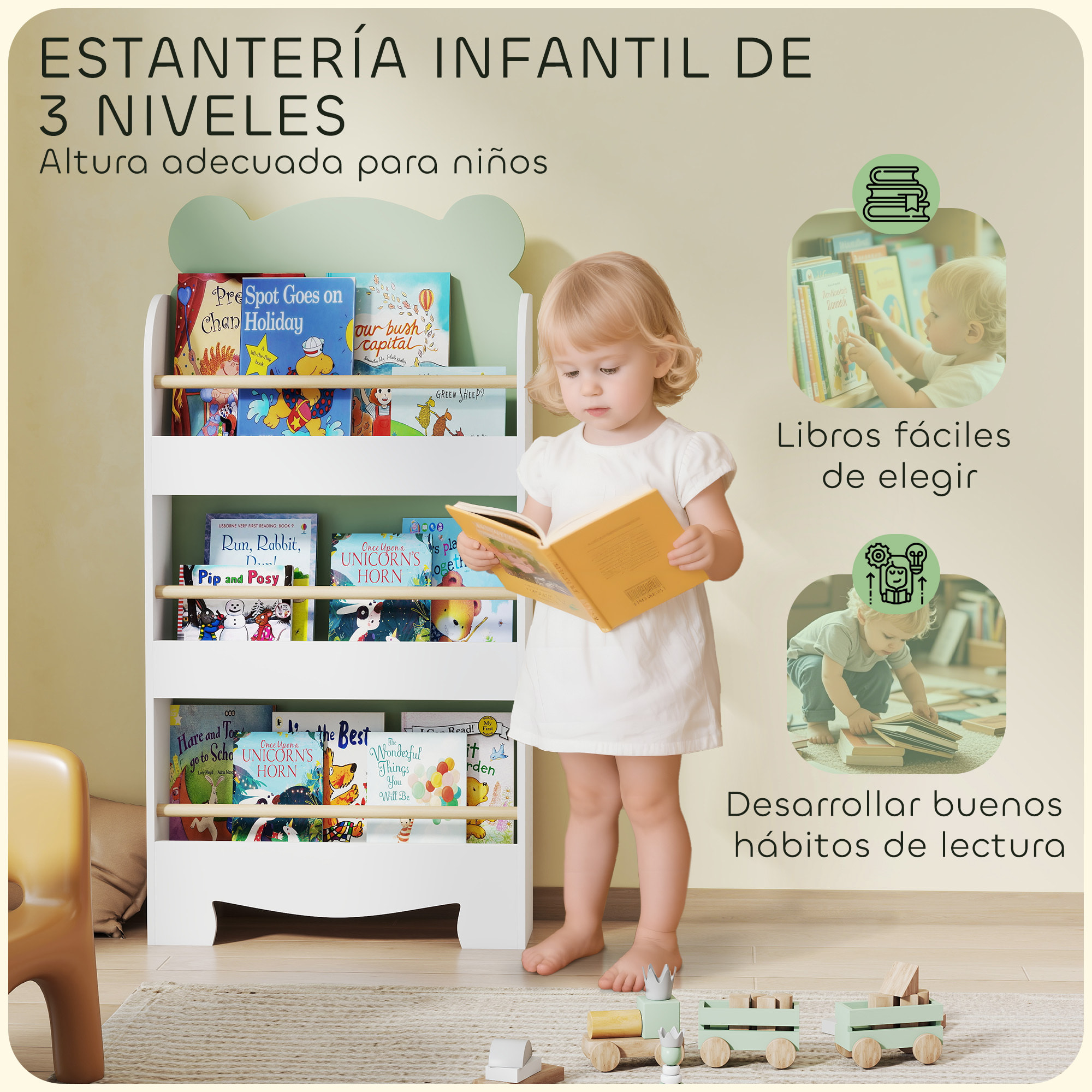 Librería Infantil de 3 Niveles Estantería para Libros Infantil Diseño de Osito para Sala de Juegos Dormitorio Guardería Verde