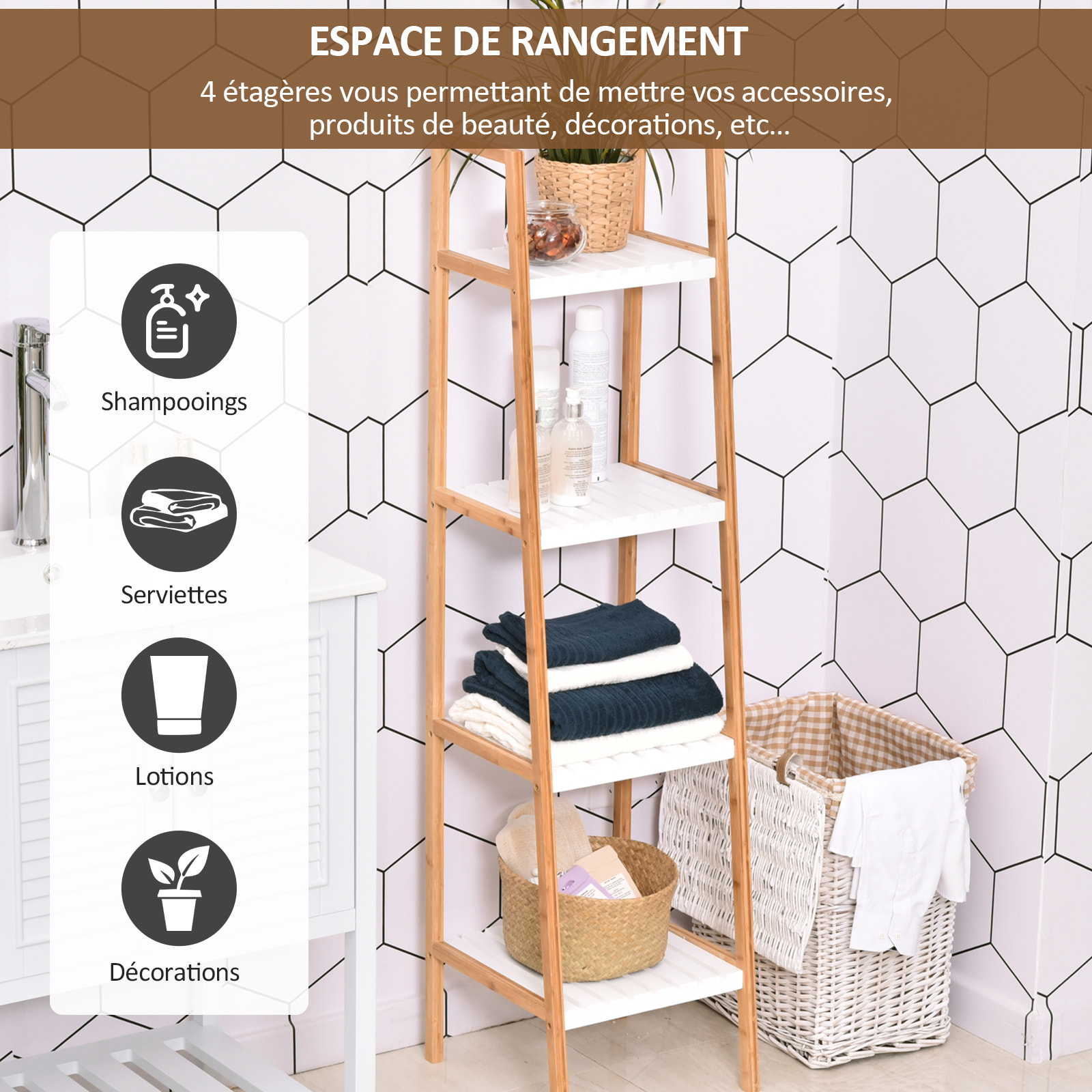 Etagère en bambou de salle de bain 4 niveaux à lattes dim. 35L x 36l x 138H cm bois pin blanc