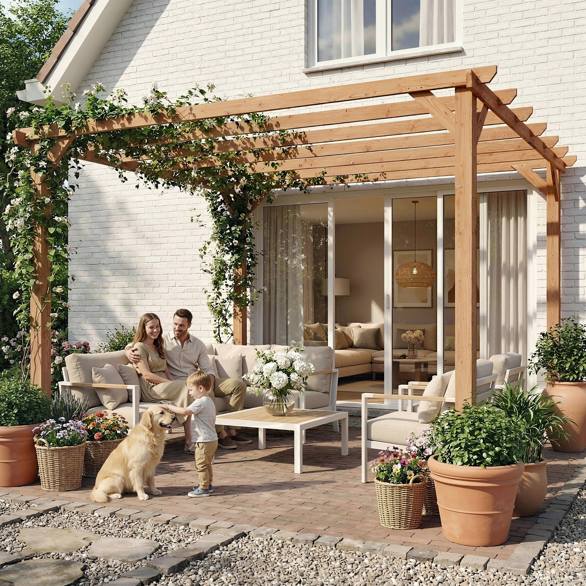 Pergola bois autoportante 9 m² - toit chevrons lattes espacées - bois verni