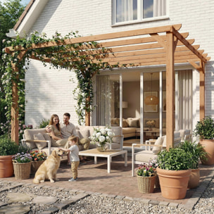 Pergola bois autoportante 9 m² - toit chevrons lattes espacées - bois verni