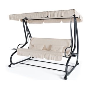 Dondolo 3 Posti Reclinabile Tettuccio Parasole Regolabile Cuscini Imbottiti Diventa Letto Struttura Robusta In Acciaio 200 x 120 x 160 cm Beige