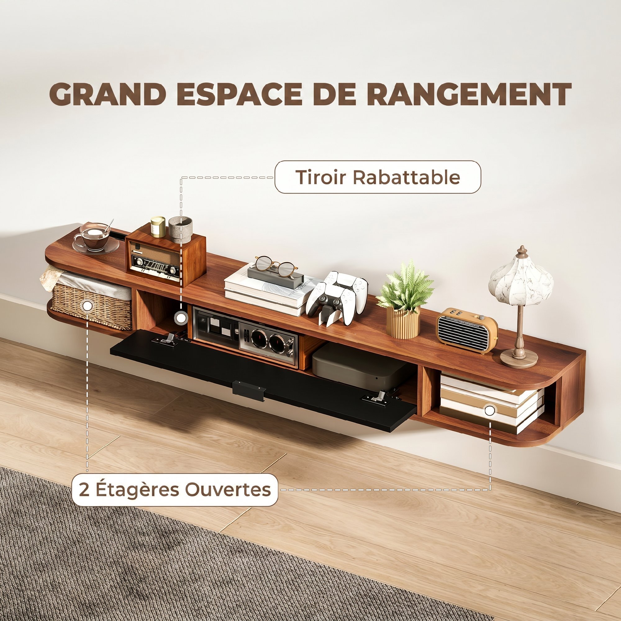 Meuble TV suspendu 140cm - porte, 2 niches, espace routeur, passe-fils - effet bois noyer noir