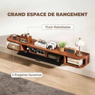 Meuble TV suspendu 140cm - porte, 2 niches, espace routeur, passe-fils - effet bois noyer noir