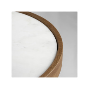 Table basse ronde 40 cm en marbre blanc et bois de manguier - MAYA