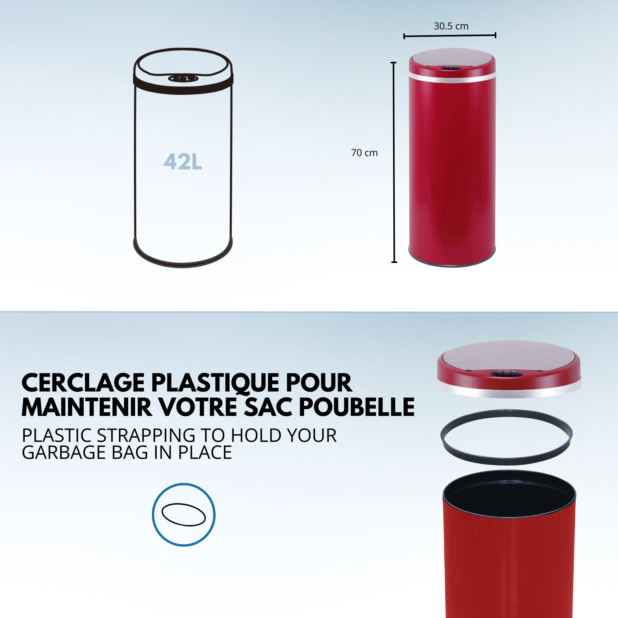 Poubelle automatique inox SOHO rouge 42L