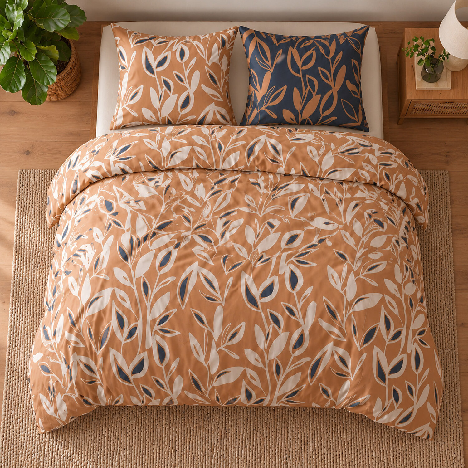 Parure housse de couette 240x220 cm imprimée végétale + 2 taies 100% Coton - LINDA