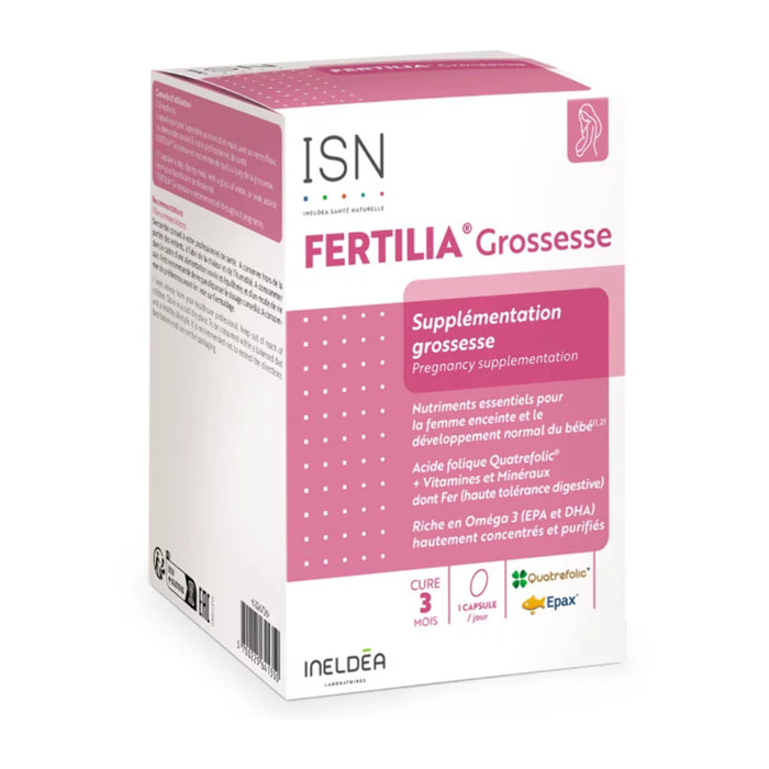 INELDEA SANTE NATURELLE - Fertilia Grossesse - Complément alimentaire à base de nutriments essentiels pour le bien-être de la femme enceinte & le développement de bébé - Cure 3 mois