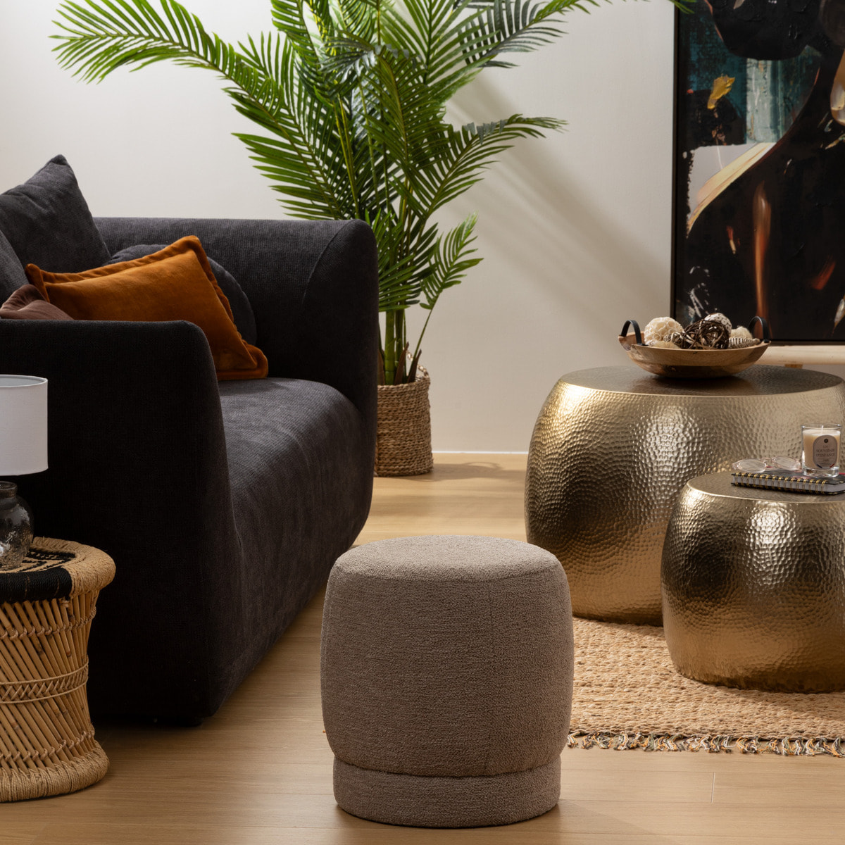 Pouf bouclette Amea gris taupe D39cm