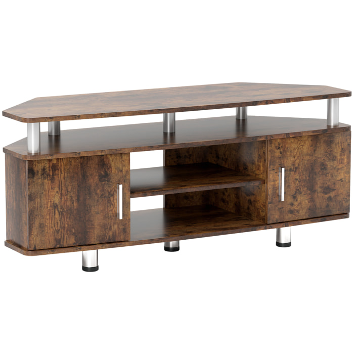 Meuble banc TV design contemporain 2 portes niche centrale étagère grand plateau chromé effet bois