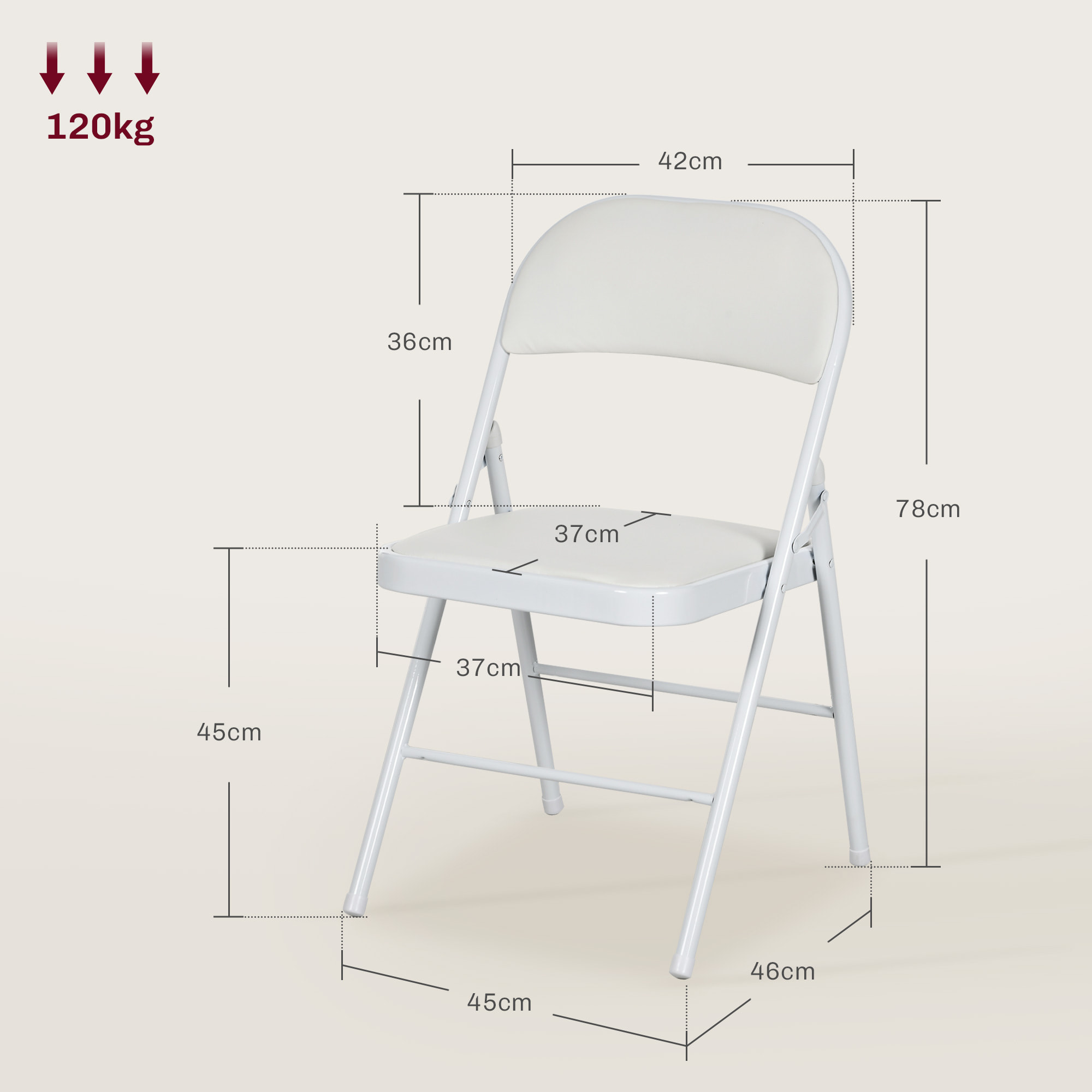 Juego de 4 Sillas Plegables Acolchadas con Respaldo y Estructura de Acero, para Salón, Comedor, Cocina, 45x46x78 cm, Blanco